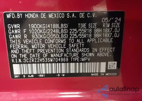 2025 Honda Hr-V Awd Sport from USA, damaged, VIN 3CZRZ2H53SM704969